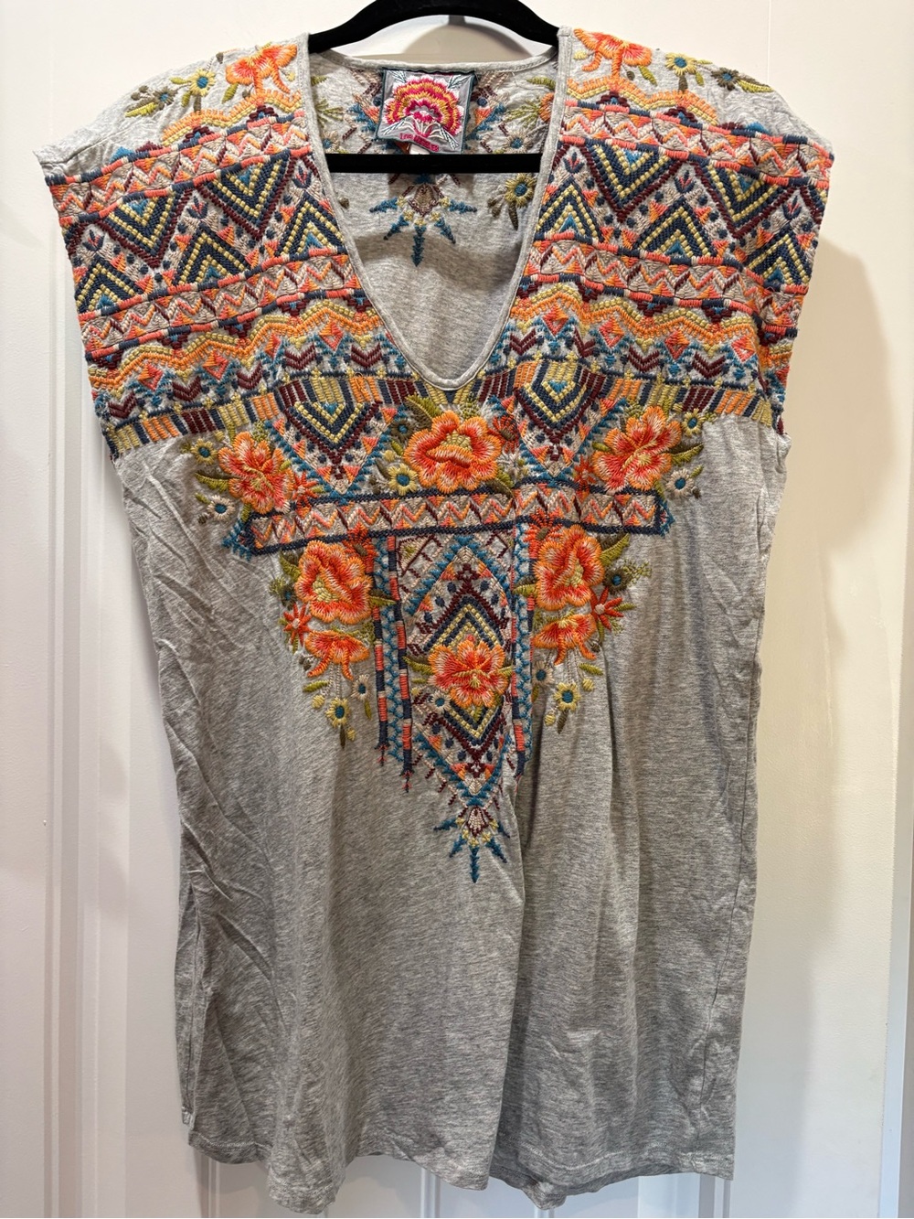 Johnny Was Gray Tunic Top with Orange Floral Embroidery